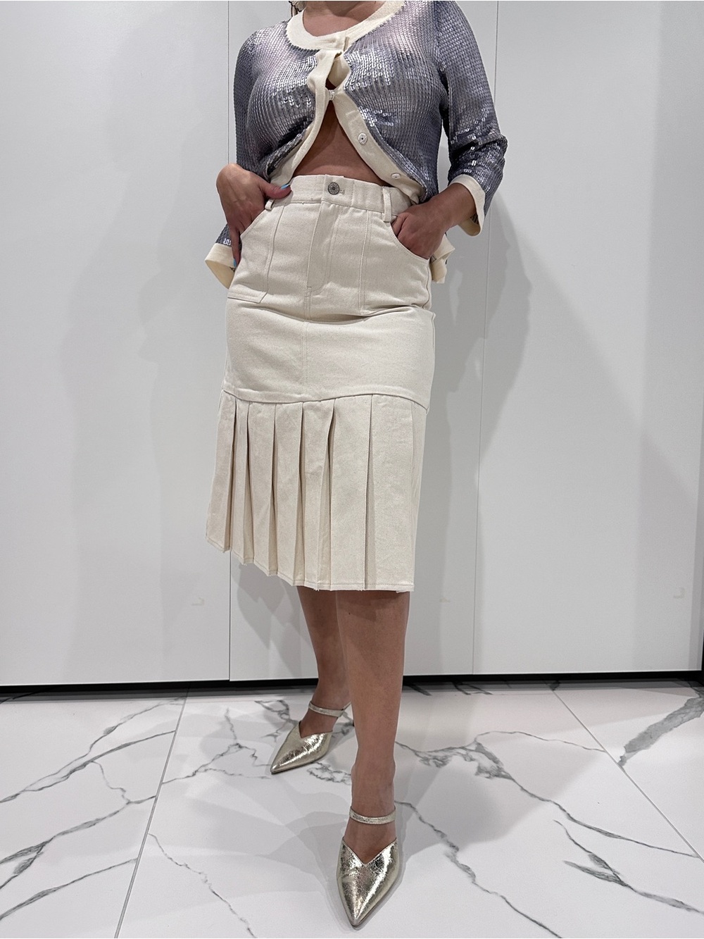 Cream Midi Pleated Panel Skirt - Women's Elegant Skirt